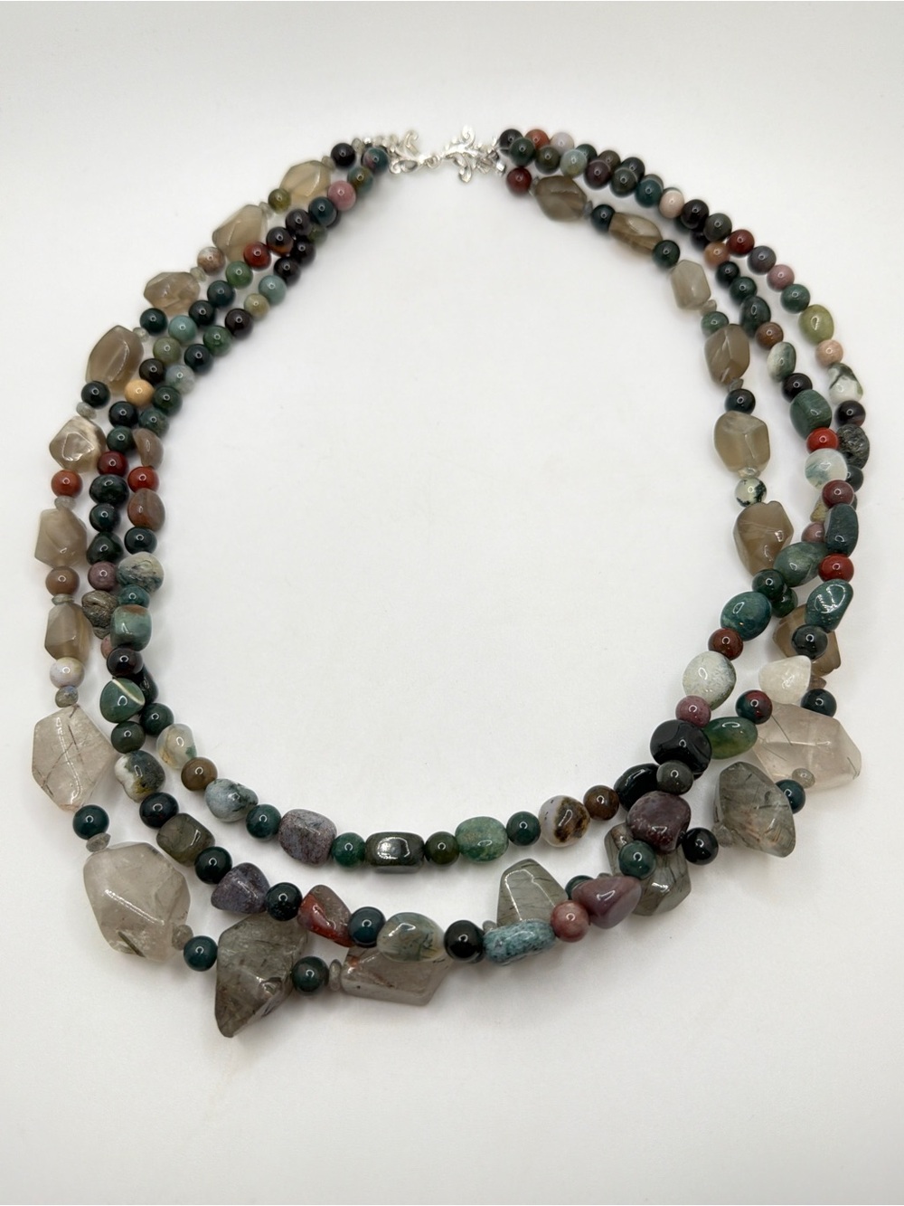 20", Three strands mixed stone/indian agate necklace‎ w/ new 925 hook clasp!